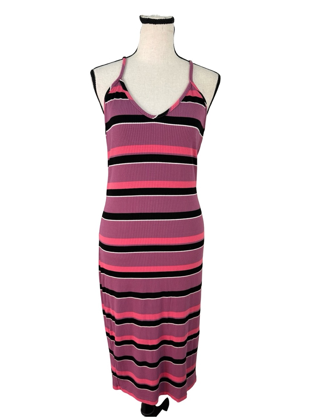 Express Ribbed Striped Midi Dress Pink Purple Bodycon Cami Sleeveless Size M